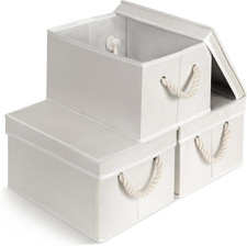 Set of 3 Fabric Bins for Organization - Foldable Stackable With Lid Rope Han