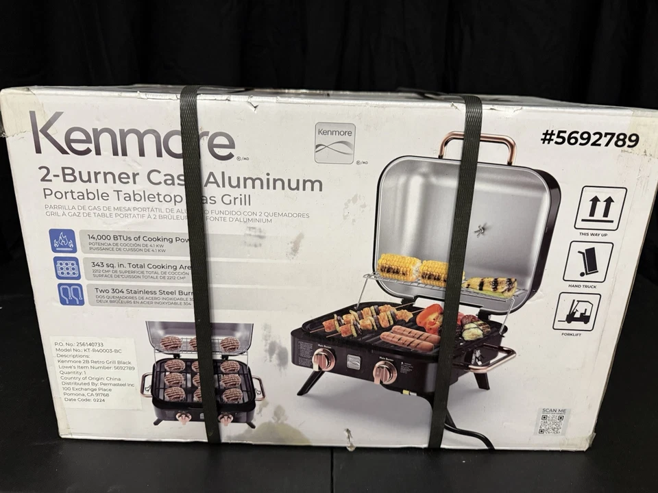 KENMORE Portable Grill 23"W 2-Burner Retro Porcelain-Coated Cast Iron Navy Blue - Image 2 of 3