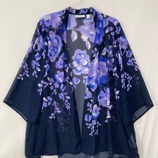 Susan Graver Kimono sz XL Blue Purple Floral Sheer Chiffon Vacation Soft Flowy