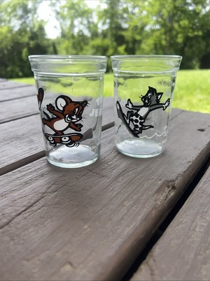 Vintage 1990s Tom & Jerry Welch's Jelly Jar Glasses Antique Cartoon Cat & Mouse