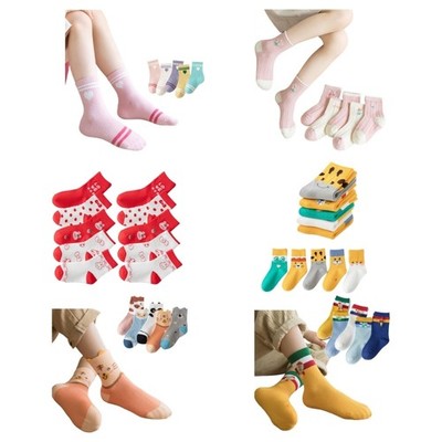 5 Pairs Kids Sport Socks Elastic Cartoon Pattern Combed Cotton Assorted Colors