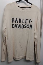 Harley Davidson Sweatshirt Mens L Thermal Waffle Knit Embroidered Spellout Cream