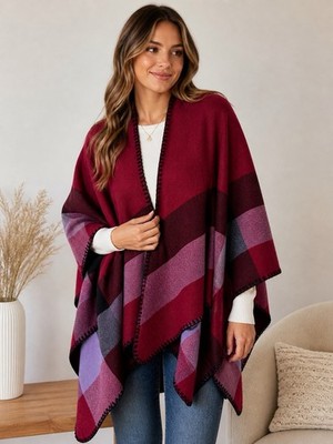 Just Cozy Plaid Poncho Scarf Wrap Burgundy Purple Black NWT One Size