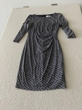 Eliza J Dress Womens 4 Blue Geometric Ruched Sheath 3/4 Sleeve Knee Length