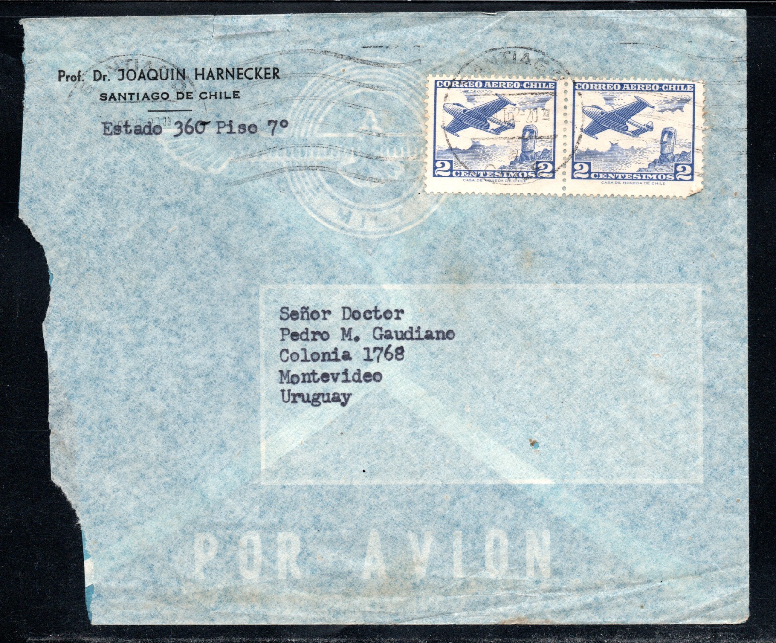 CHILE Commercial Airmail Cover Santiago to Uruguay Clear Circular Postmar  #fe20