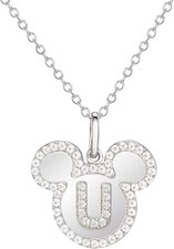 Disney Mickey Mouse Initial Sterling Silver Cubic Zirconia Necklace Letter U 18"
