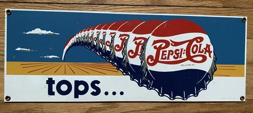 Ande Rooney Vintage Pepsi-Cola Tops Tin Sign 17” x 6.5”