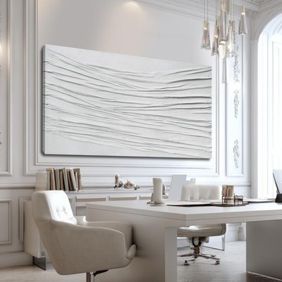 White 3D Textured Canvas Artwork, Large Modern Abstract Décor with Layered Li...