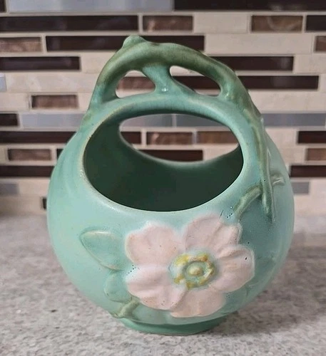 1930’s-WELLER-Art Pottery-VASE/BASKET-Wild Rose-Matte-Sea Foam Green