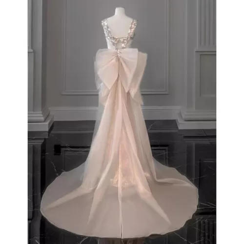 Mermaid Prom Dresses Pink With Detachable Bow Sequins Formal Party Prom Gown - Picture 6 of 8