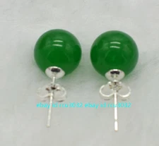 Genuine Natural 10mm Green Jade Round Gemstone 925 Silver Stud Earrings