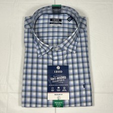 Izod Untucked Dress Shirt, Soft Stretch, Blue Check, Men's XL 17-17.5 36/37, NEW