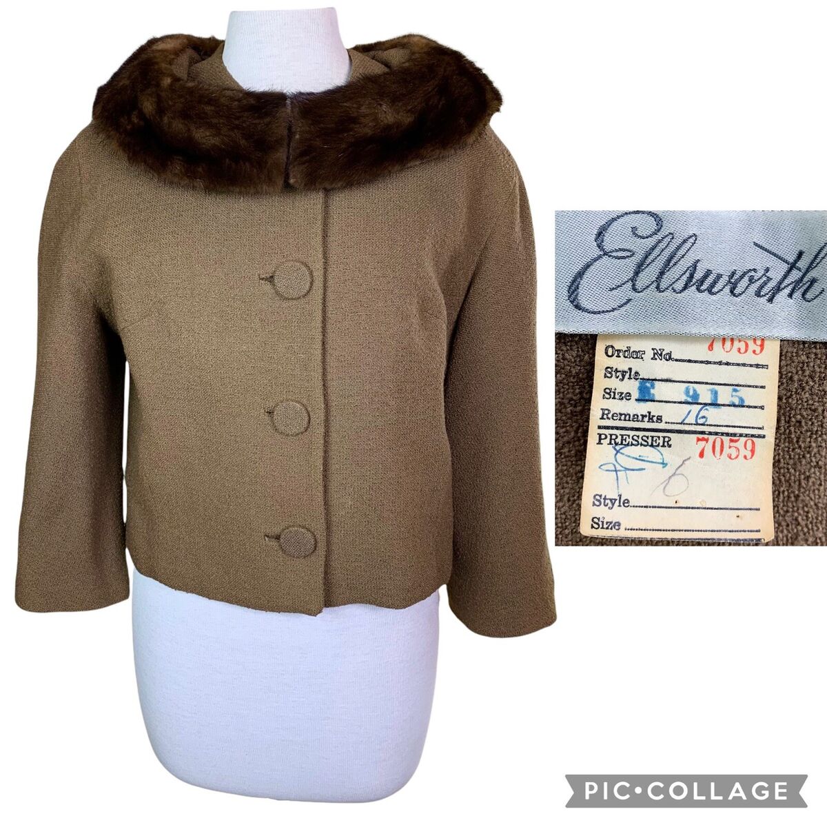 VTG 1950s 60s Cropped Womens L Wool Jacket Mink Fur Trim VTG 1950s 60s Cropped Womens L Wool Jacket Mink Fur Trim