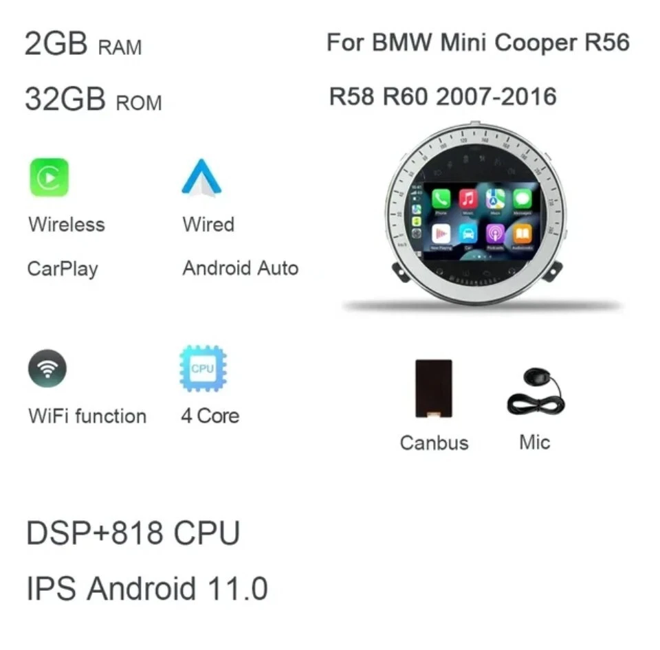 RADIO 2 DIN PER MINI R56 COOPER ONE R60 GPS USB BLUETOOTH 2GB RAM 32GB ROM - Immagine 2 di 4