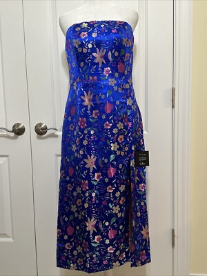 NWT Lulus Make A Move Blue Satin Strapless Jaquard Dress Blue Floral L