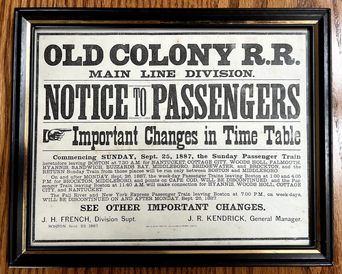Glass Framed Repro Old Colony Railroad Passenger Sign Sept. 25, 1887 ...