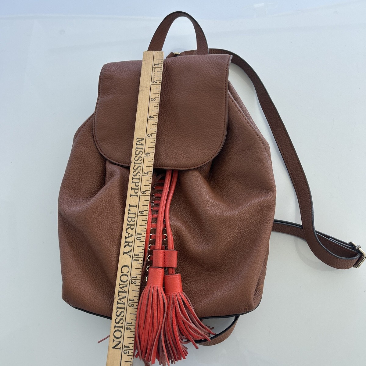 Rebecca Minkoff Moto Almond Brown Poppy Red Leather Backpack