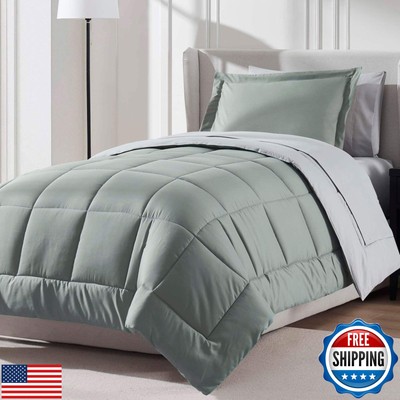Nestl Twin Comforter Set 5 Piece, Reversible Twin Bedding Set Sage Green, Col