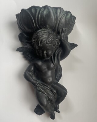 Vintage Black Metal Cherub Wall Pocket Planter 11 