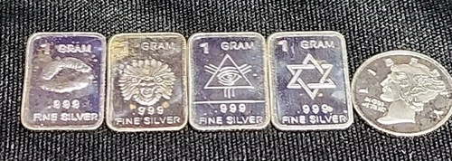 5 x 1 Gram .999 Fine Silver Bars and Round Lot Assorted Designs