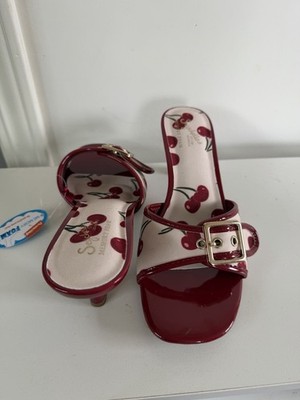 Cherry Print Buckle Kitten Heel Mules Red White Women's Size 8 BNWT