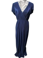 Baltic Born Navy Blue Pleated Faux Wrap Maxi Dress Size Large Short Sleeve