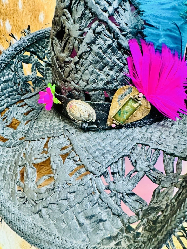 Western Express S/M черная соломенная ковбойская шляпа украшена, перья, сделано в Мексике - Изображение 2 из 4