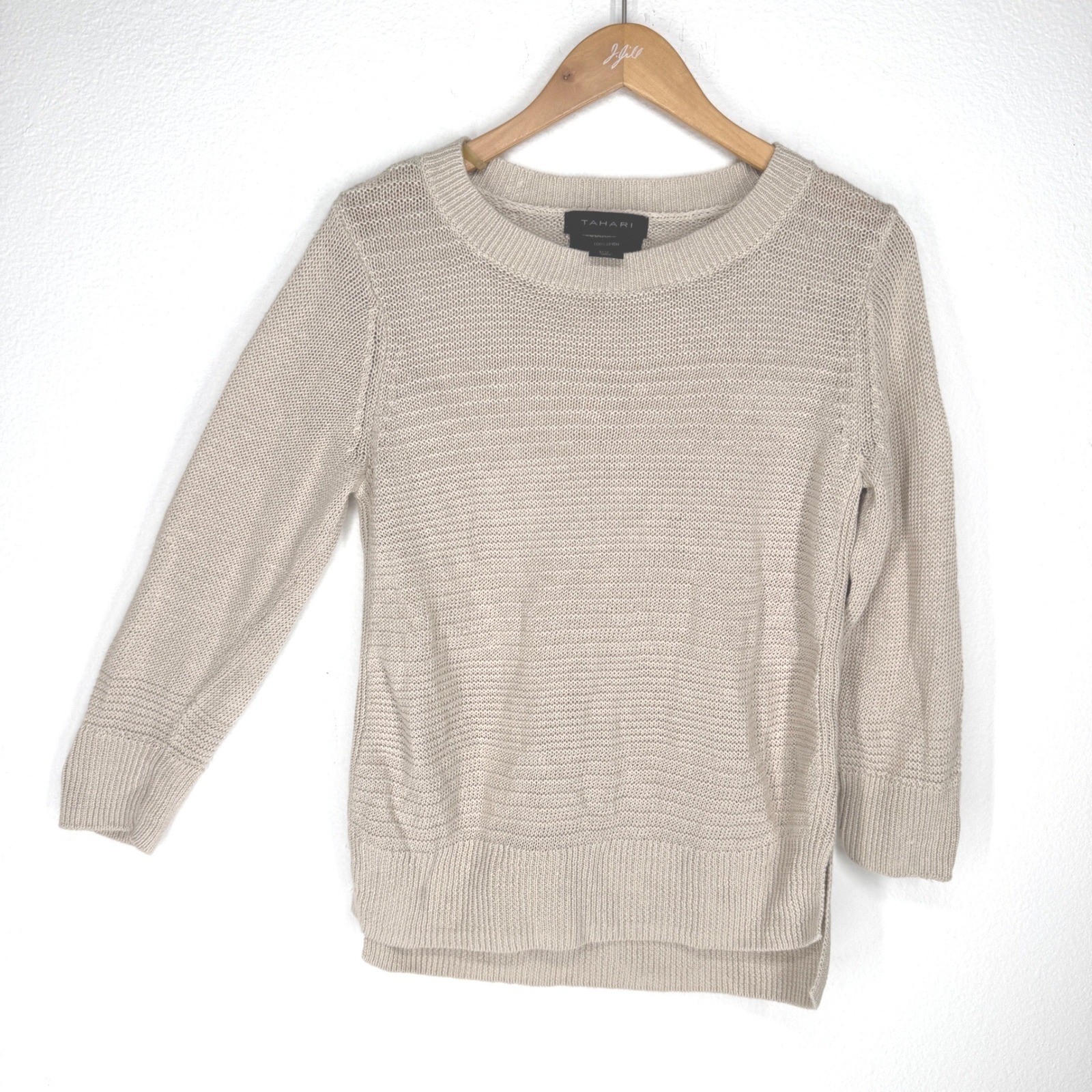 Tahari Womens 100% Linen Knit Crew Neck Sweater Medium Tan Earthy Coastal Loose