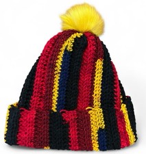 Crochet Ribbed Beanie With Faux Fur Pom Pom - Adult Size Moody Cherry