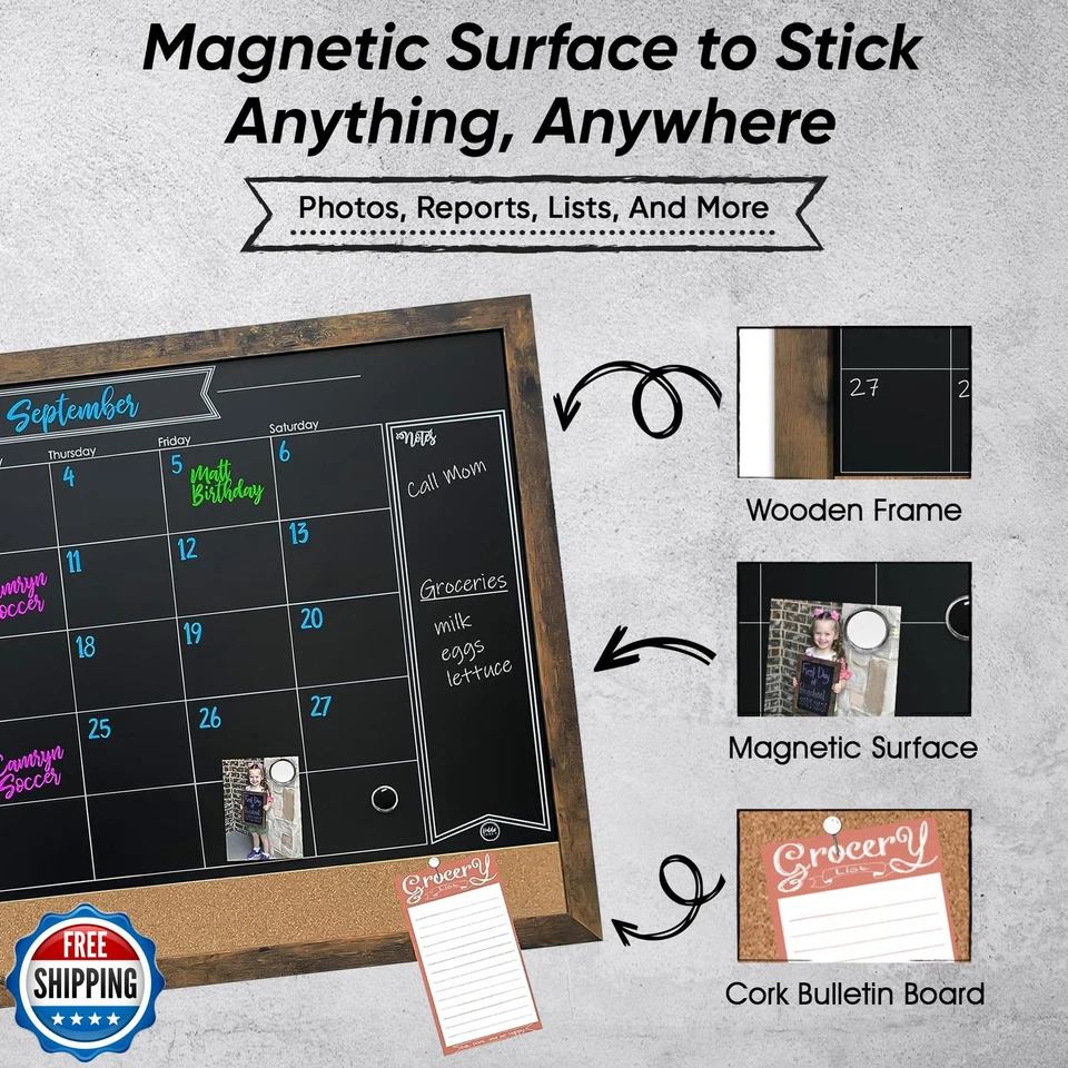 Loddie Doddie Rustic Framed Magnetic Chalkboard Calendar and Bulletin Board - - Image 3 of 4
