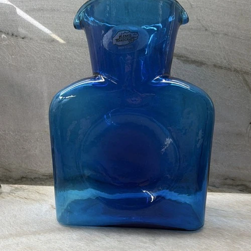 Blenko 09 Blue Hand Blown Art Glass Square Pitcher 6” Decorative USA