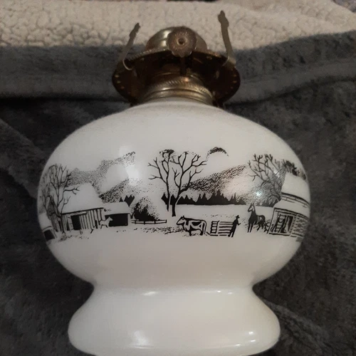 Vintage 1950s Currier And Ives Milk Glass Oil Lamp Base Lamplight Farms 16" Tall
