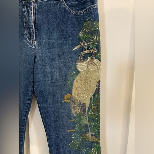 Vintage Apriori painted loon crane tropical bird print sequins beaded jeans rare - Picture 2 of 7