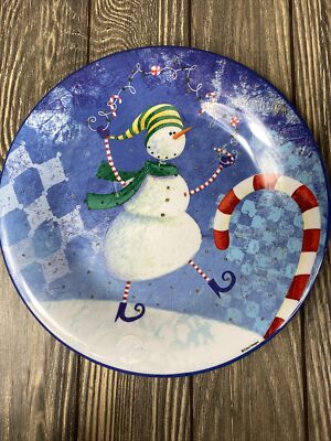 Evolution Sakura Zulauf Designs Blue Snowman Candycane Christmas Plate Dish 9 
