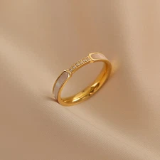 Woman 18k Gold Plated Stainless Steel Mother of Pearl CZ Band Ring Fashion