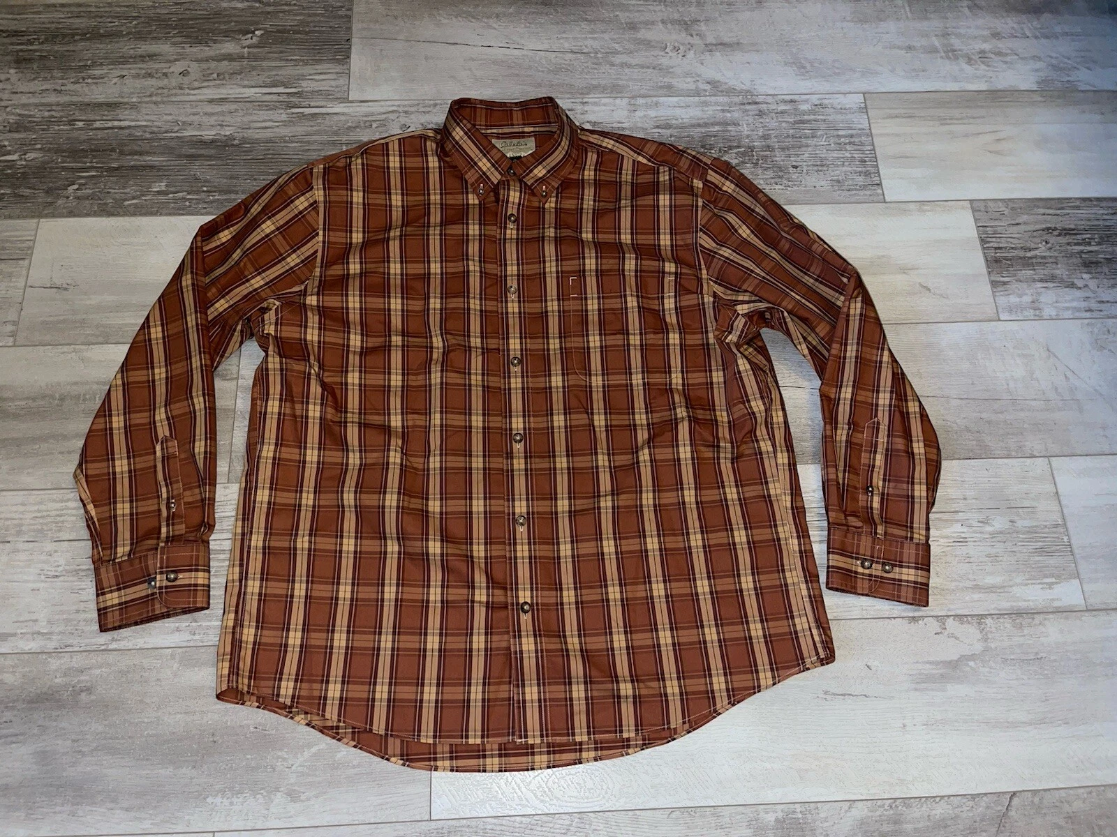 Cabelas Button Up Shirt Mens XL Brown Plaid Flannel Outdoor Long Sleeve Cotton