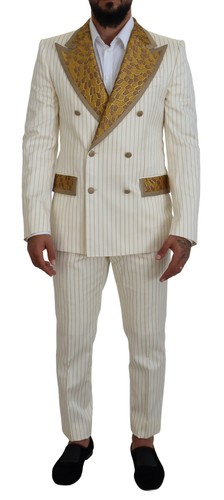 Dolce & Gabbana Off White Gold Striped Tuxedo Slim Fit Men's Suit Authentic