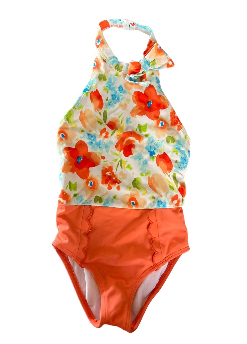 Janie And Jack One-Piece Swimsuit 3 3T Orange Coral Blue Floral 