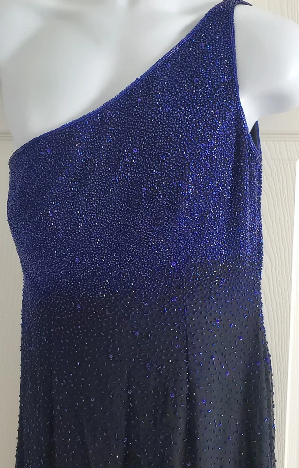 SEAN COLLECTION Vestido de Noche 100% Seda Un Hombro Cuentas, Tonos de Azul,Negro  Foto 3 de 4