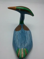 WATER BIRD 8" LONG 5" TALL WOODEN HAND CARVED AND PAINTED SIGNED A. DesRAVINES