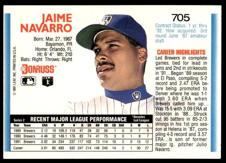 1992 Donruss Jaime Navarro Milwaukee Brewers #705 - Image 2 of 2