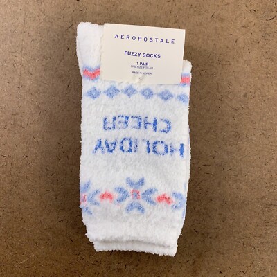 Aeropostale Women's One Size White Holiday Cheer Fuzzy Crew Socks 1 Pair NWT