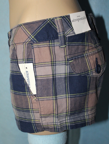 NEW Aeropostale Blue Gray Tan Lime Plaid Shorty Shorts Sz 1/2 See Measurements* - Picture 3 of 7
