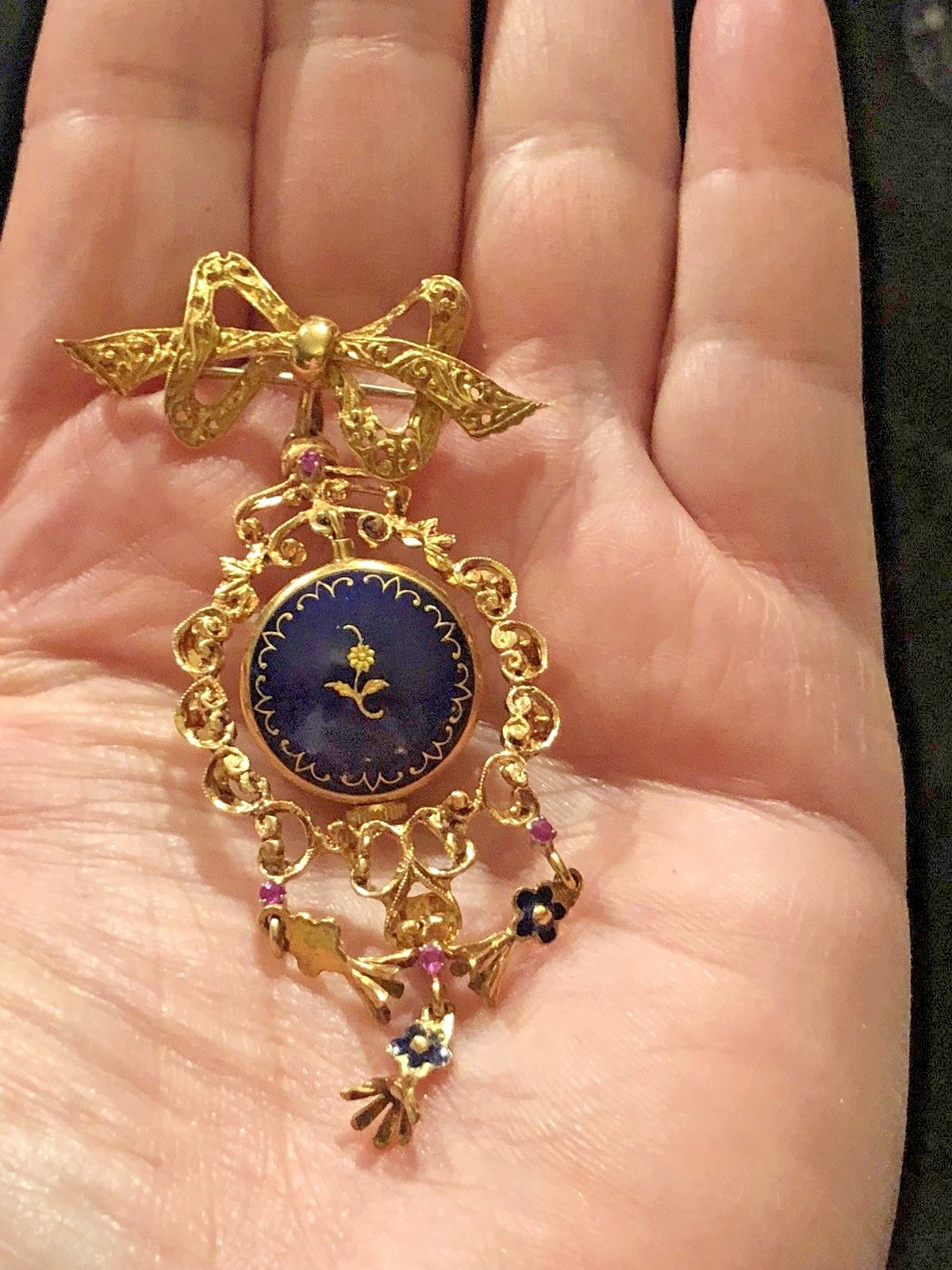 Antique 18k Yellow Gold Italian Ruby Blue Enamel Lapel Watch Brooch/Pin