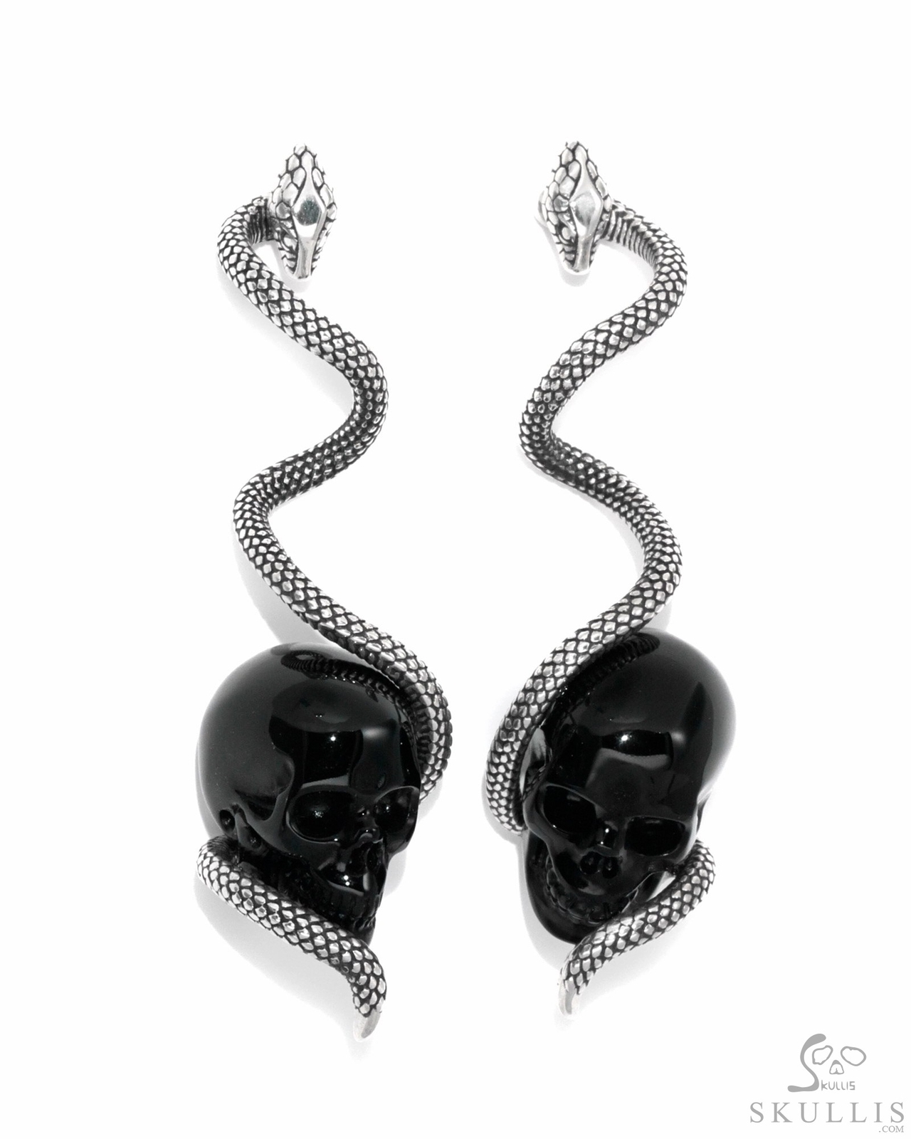 Pendientes Calavera Gema de Calavera Tallada Obsidiana Negra con Serpiente Plata de Ley 925