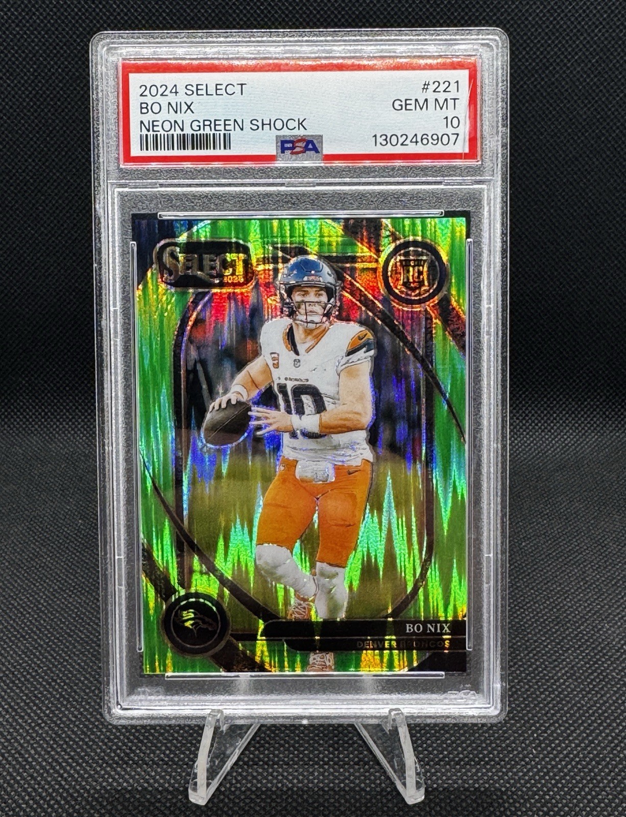 2024 Panini Select Club Level Bo Nix Neon Green Shock Prizm /499 (RC) PSA 10
