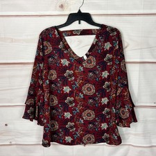 NY Collection Top Womens L Red Floral Blouse ...
