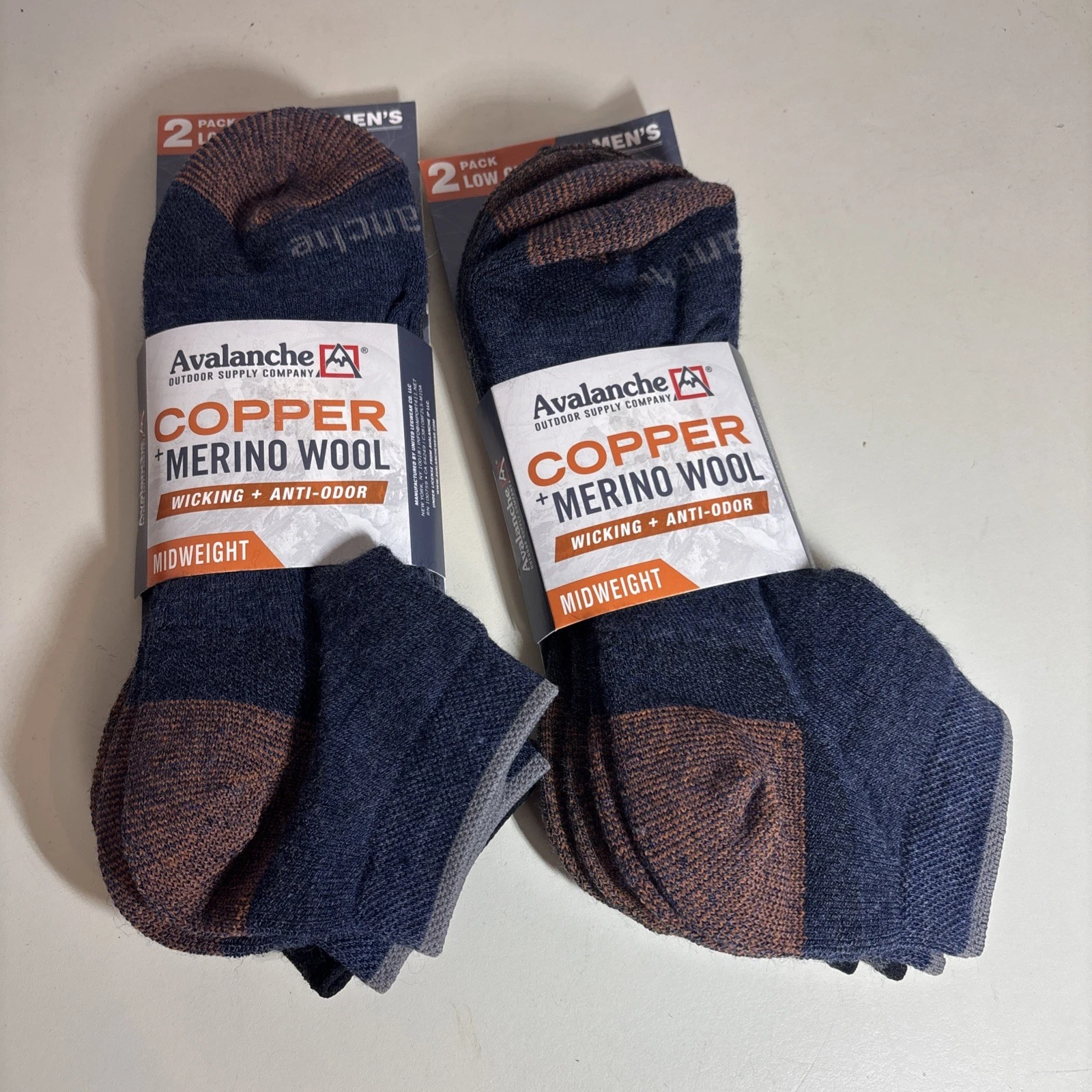 AVALANCHE Merino Wool Copper Mens Low Crew Socks L 6-12 Lot of 2 (4 Pairs)