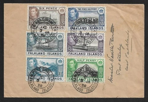 FALKLAND ISLANDS LOCAL SET OF 6 KGVI DEFINITIVES ON FIRST DAY COVER 1938