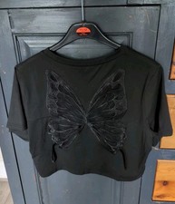 Romwe Black Crop T Shirt Size XL BNWOT with See Through Butterfly At The Back